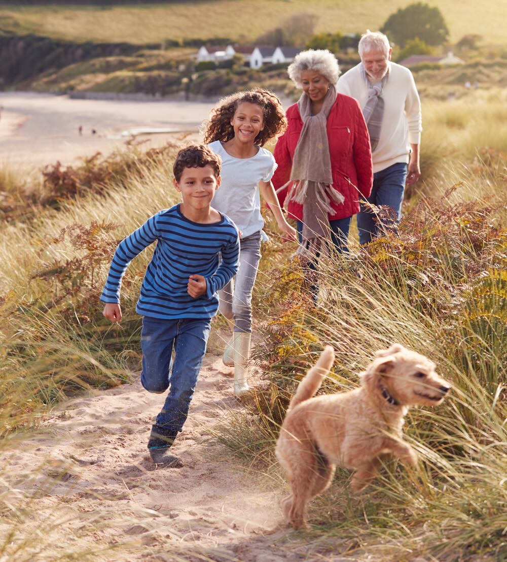 Grandparents on a walk with their grandchildren and a dog